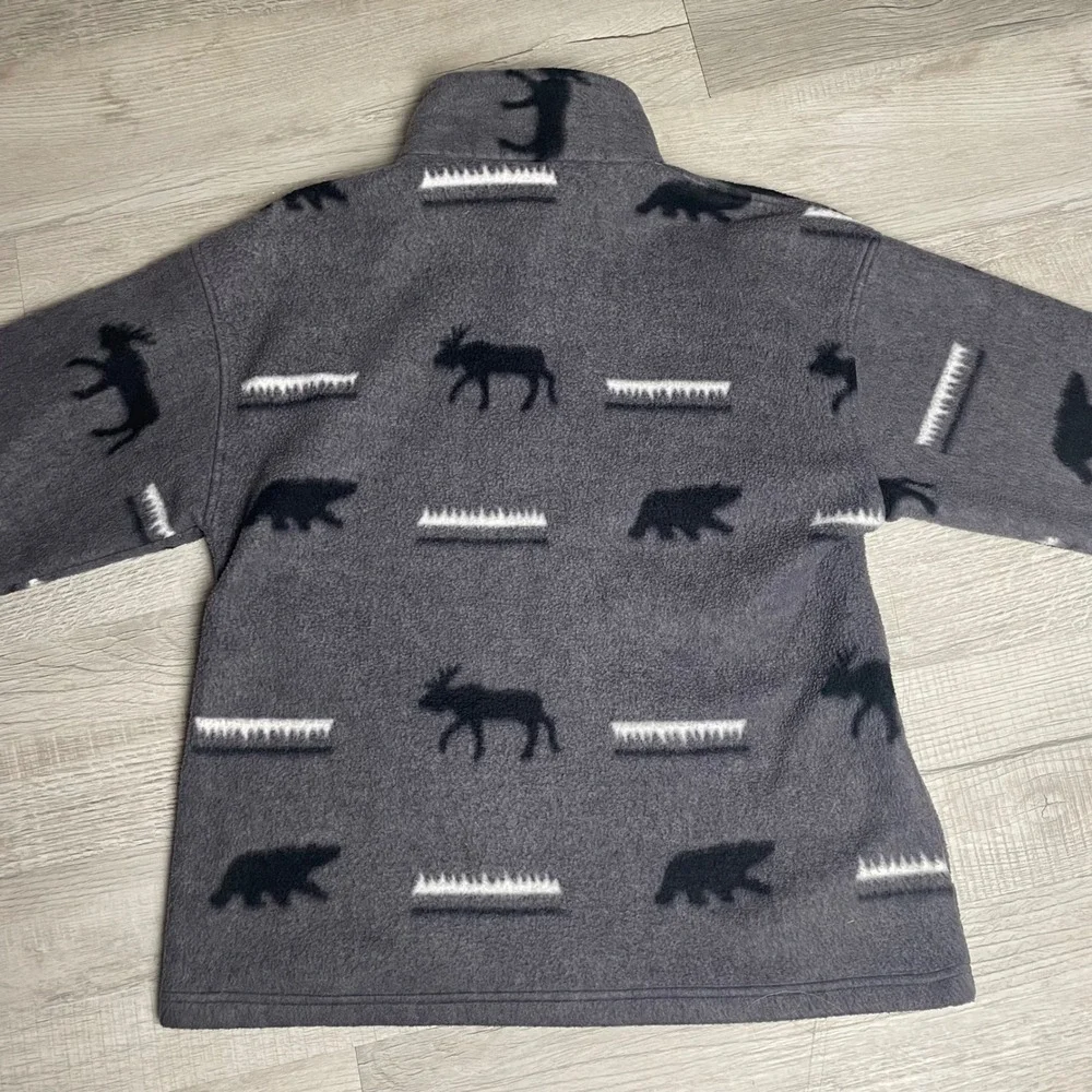 Vintage‎ Wildlife Fleece Jacket Grey Bear Moose Print Full Zip Mens L USA Made